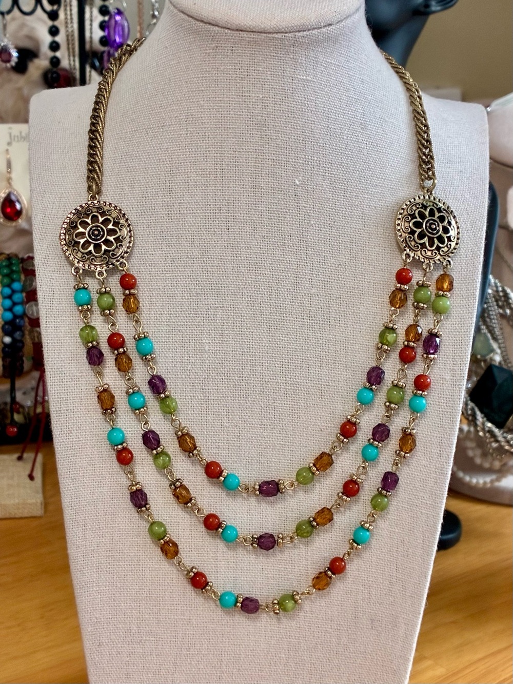 Multicolor Beaded Layered Necklace with Gold Floral Medallions